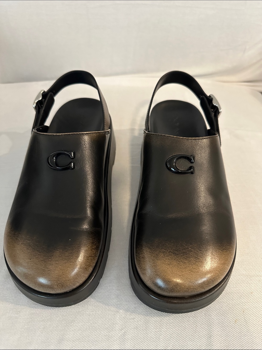 Coach Black Leather Clog Mules with Bronze Toe Fade